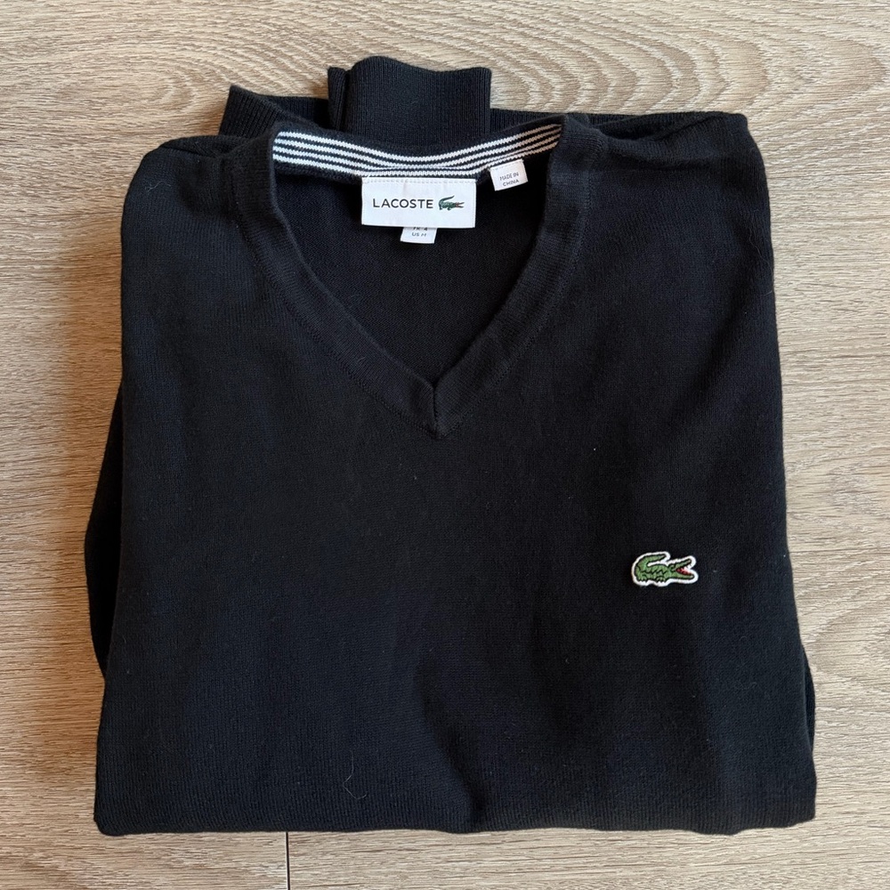 Lacoste Men’s Regular-Fit Black V-Neck Sweater 100% Cotton Classic Logo Medium - Picture 3 of 11